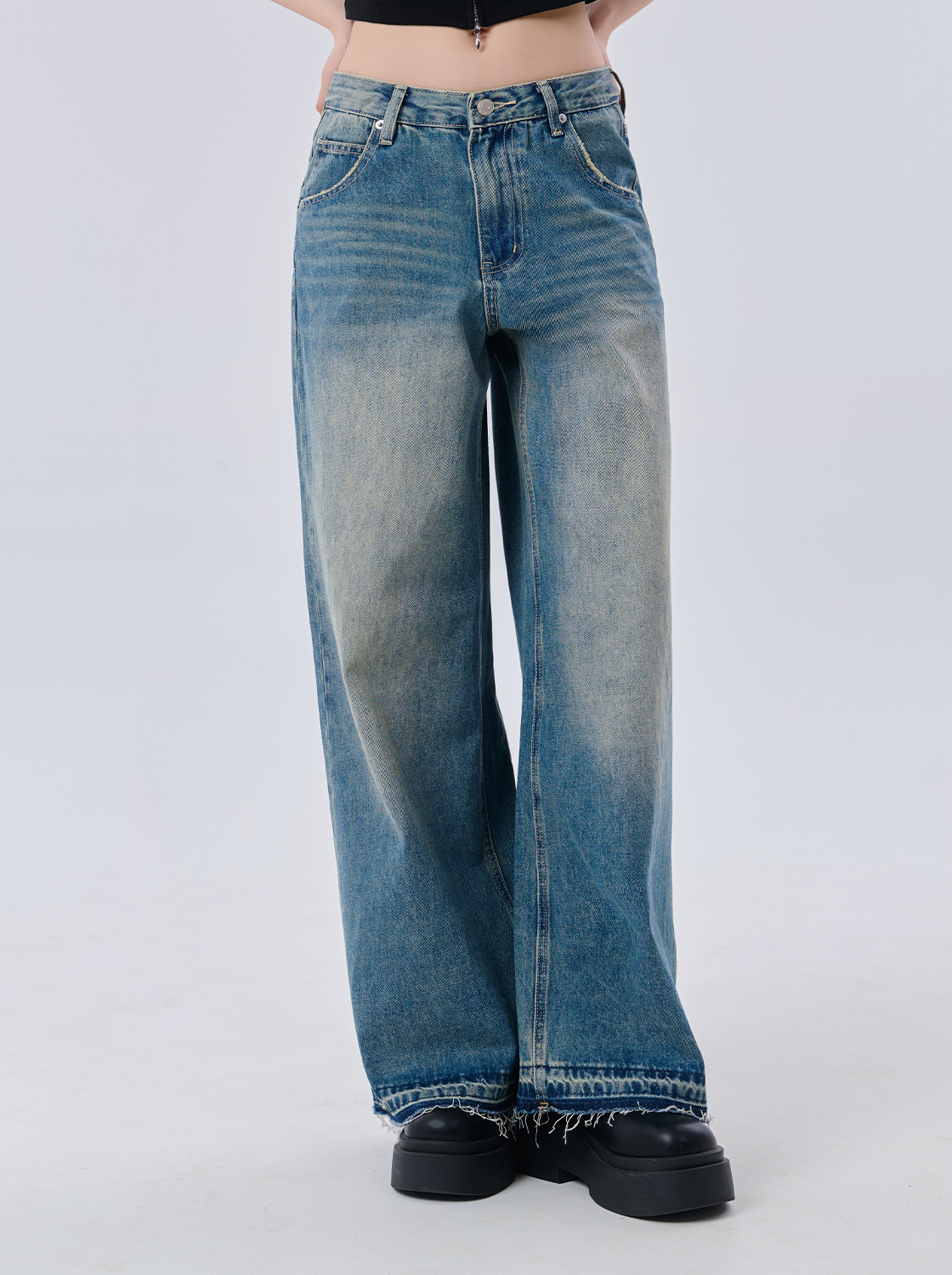 鬚邊貓刷牛仔闊腿長褲