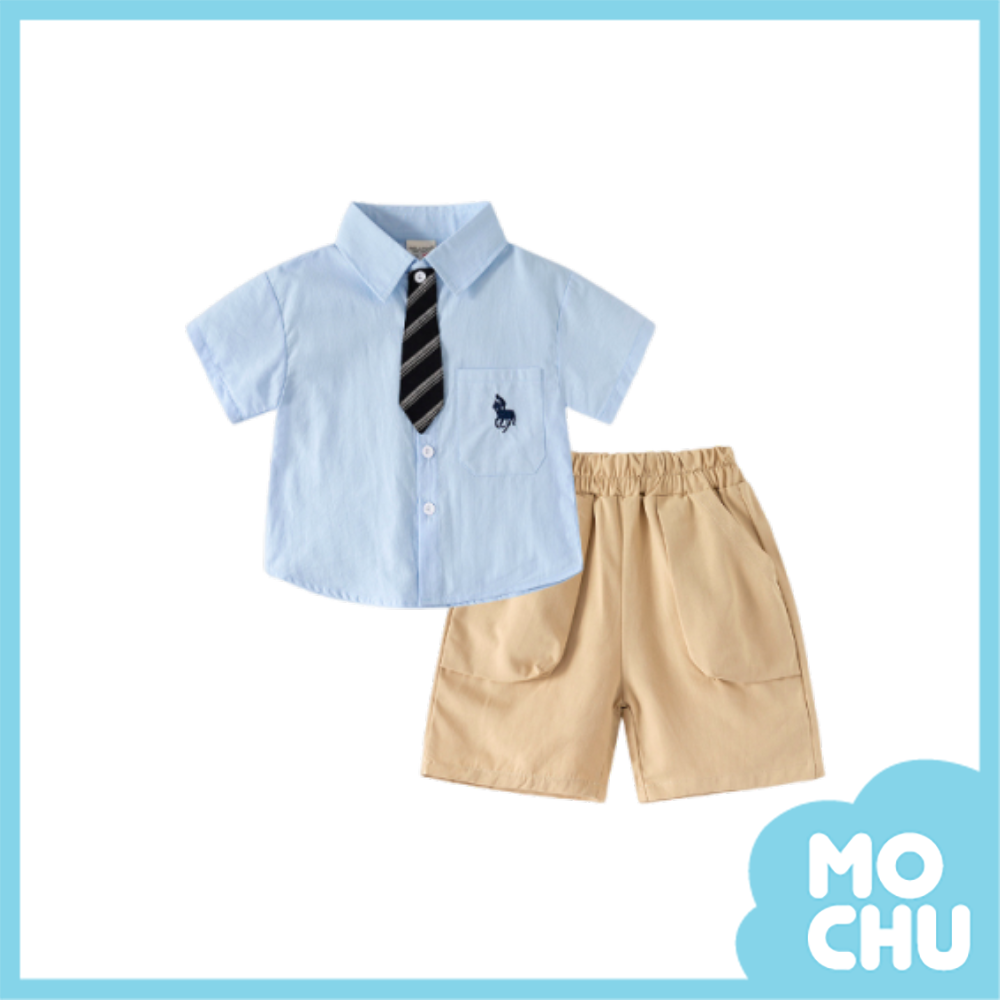 賽馬刺繡短袖襯衫套裝(二色)