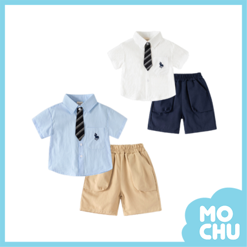 賽馬刺繡短袖襯衫套裝(二色)