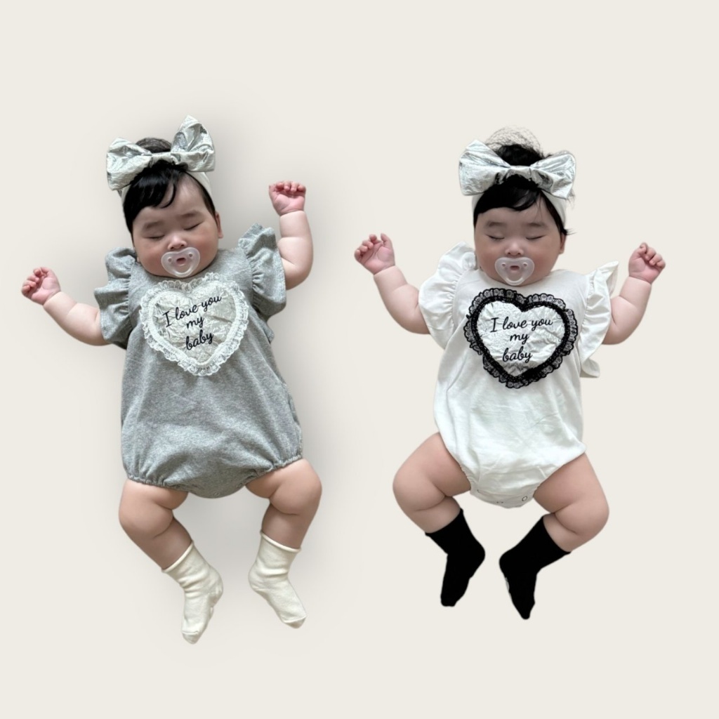 正韓夏Moran 兩色蕾絲包屁衣(含蝴蝶結髮帶)