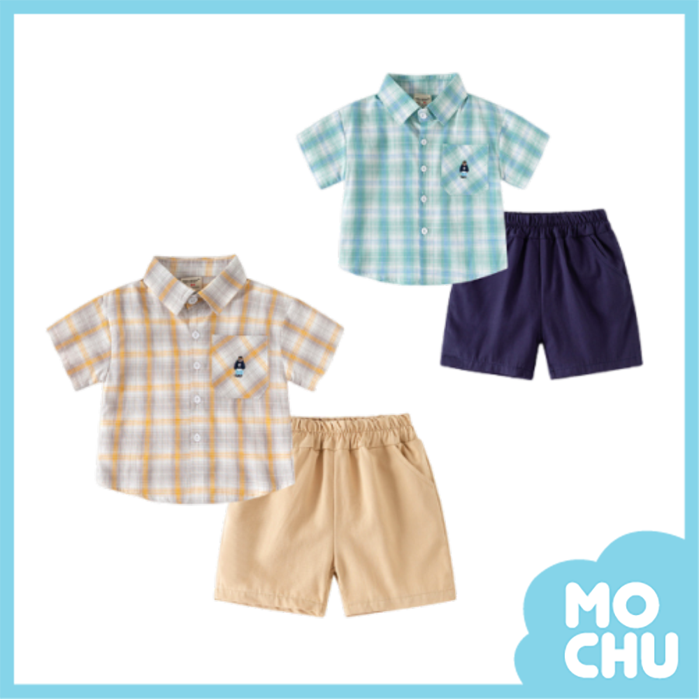 小熊刺繡格紋襯衫套裝(二色)