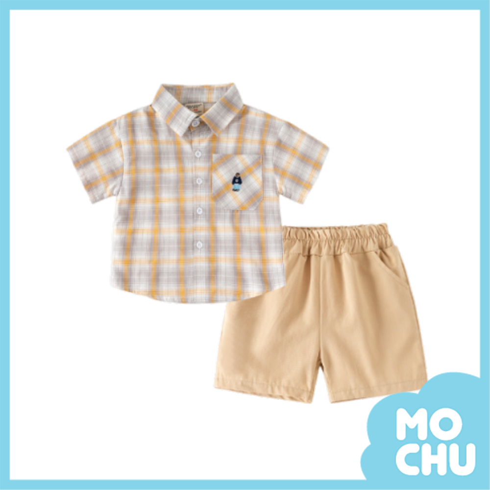 小熊刺繡格紋襯衫套裝(二色)