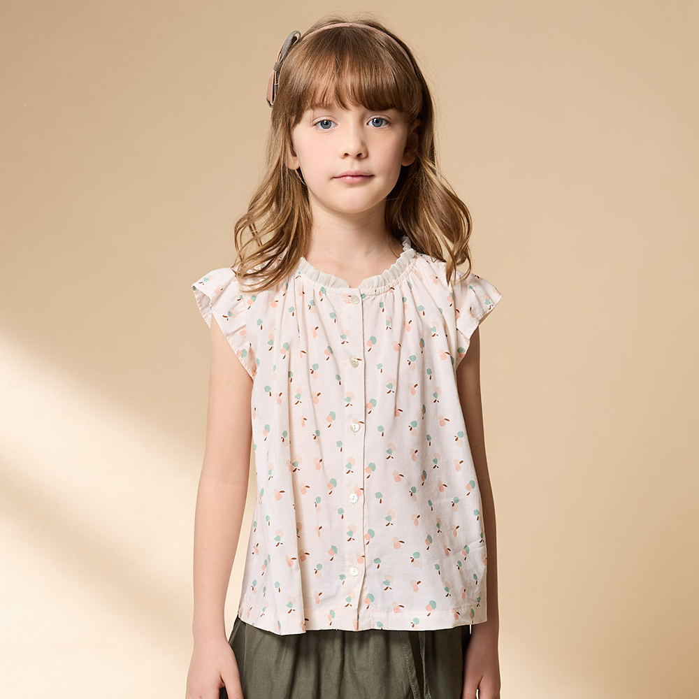 PIPPY 清爽小櫻桃印花圓領荷葉袖上衣 米白