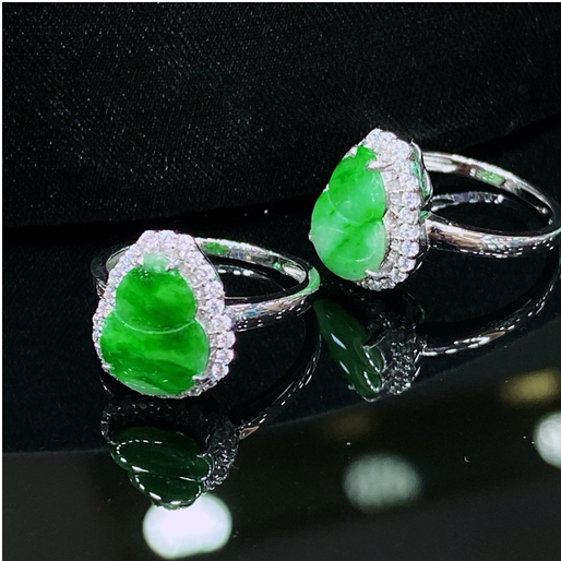 0401gz14-翡翠-銀鑲飄花葫蘆戒指（A14）