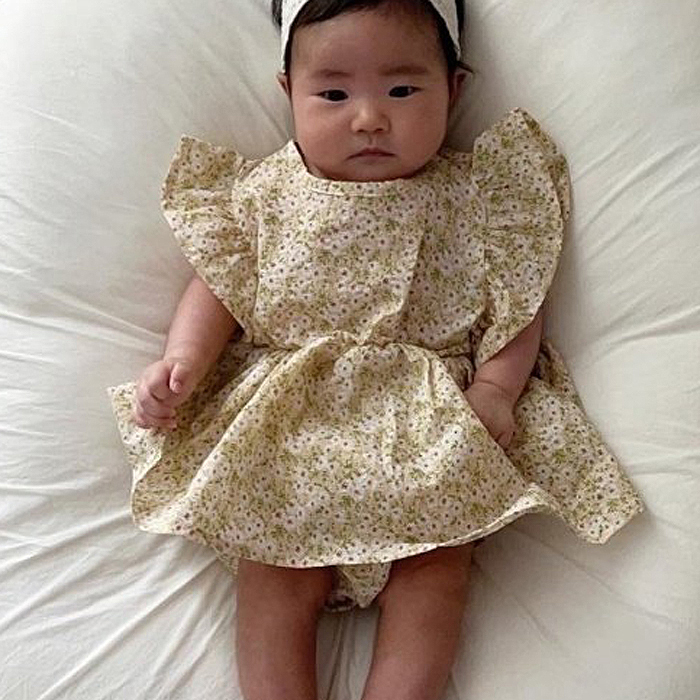 正韓夏Moran 兩色碎花飛袖包屁衣