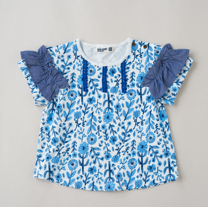 BYC03T133BL  Rag-mart-日系藍調花園拼接飛袖上衣