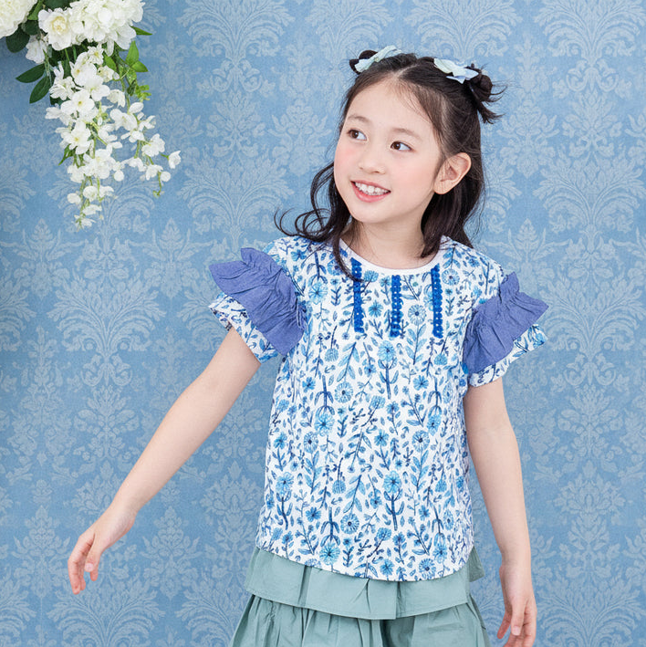 BYC03T133BL  Rag-mart-日系藍調花園拼接飛袖上衣