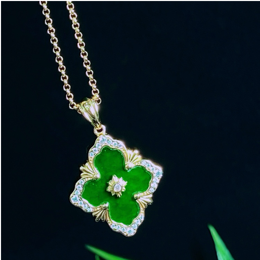 0401gz41-翡翠-銀鑲四葉草項鏈黃（A41）