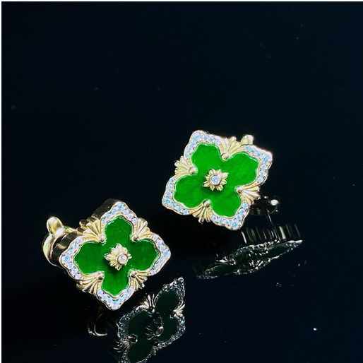 0401gz55-翡翠-銀鑲四葉草耳環黃（A55）