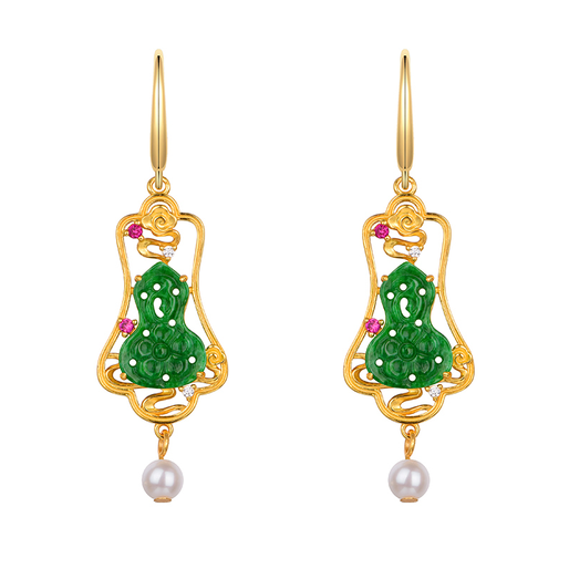 0401gz65-翡翠-S925銀鑲幹青翡翠葫蘆鏤空耳環（A65）