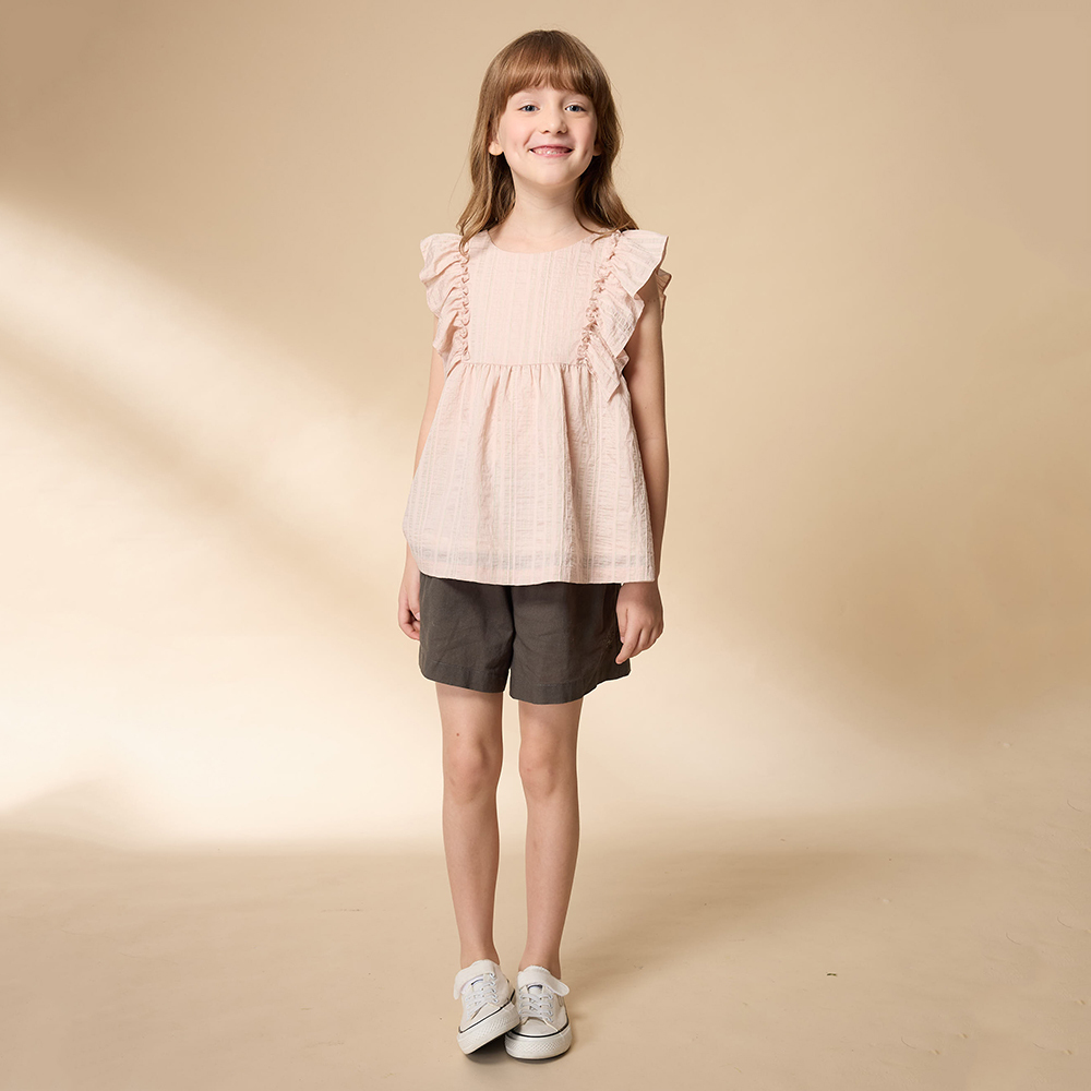 PIPPY 浪漫橫條剪接抽皺圓領無袖上衣 粉