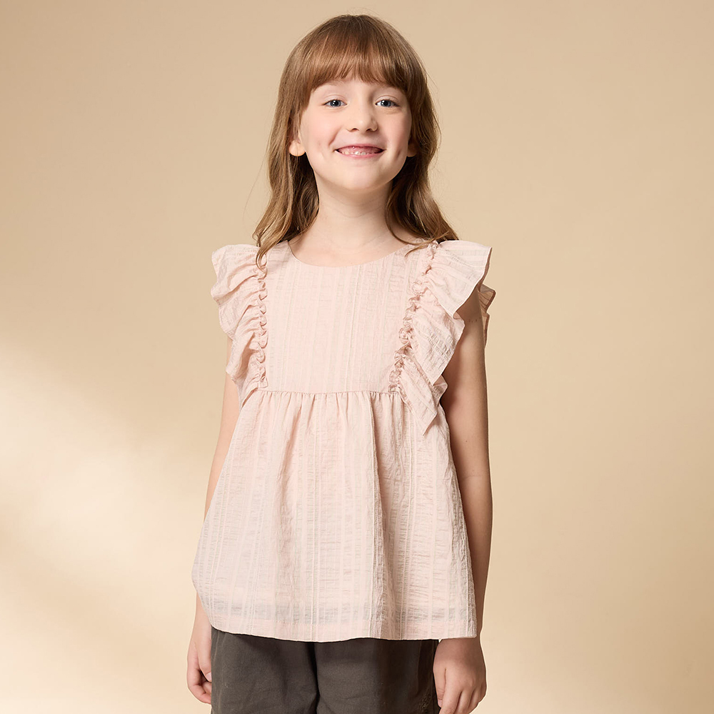 PIPPY 浪漫橫條剪接抽皺圓領無袖上衣 粉