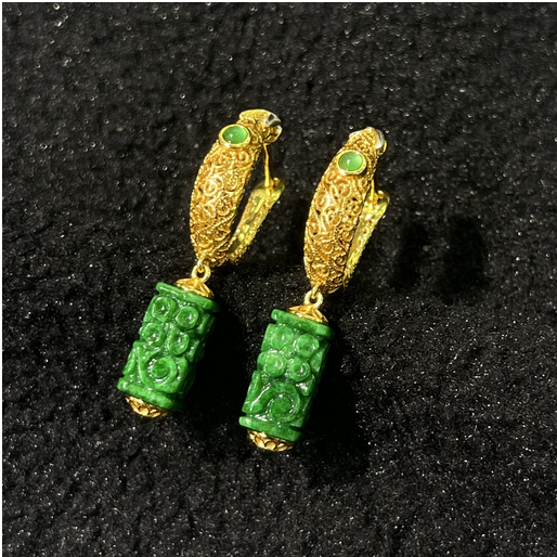 0401gz69-翡翠-S925銀鑲幹青翡翠花絲耳環（A69）