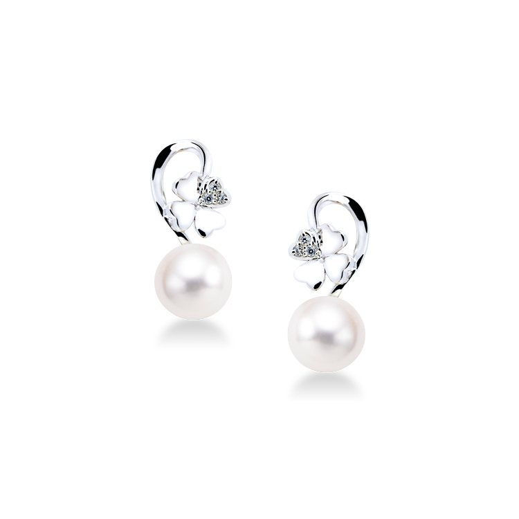 天然珍珠「幸運草」925純銀耳環-PWSNE0008