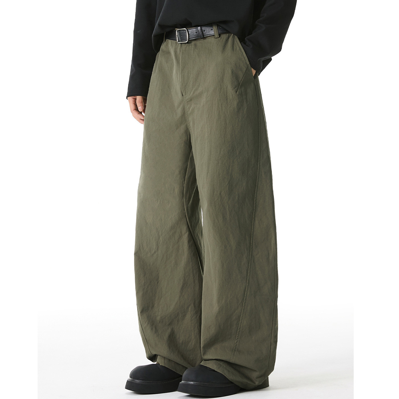 預購 NATURE 側邊分割 拼接打褶 寬鬆 彎刀褲