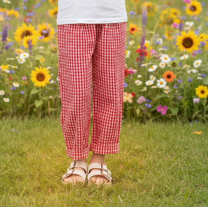 BYC03B135RD Rag-mart-夏日紅日系泡泡布細格紋長褲