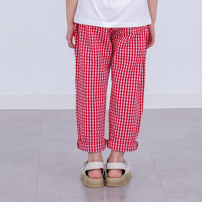 BYC03B135RD Rag-mart-夏日紅日系泡泡布細格紋長褲