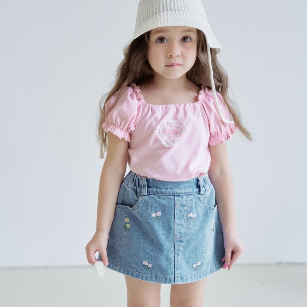 90-140 ANN 刺繡花朵牛仔裙褲