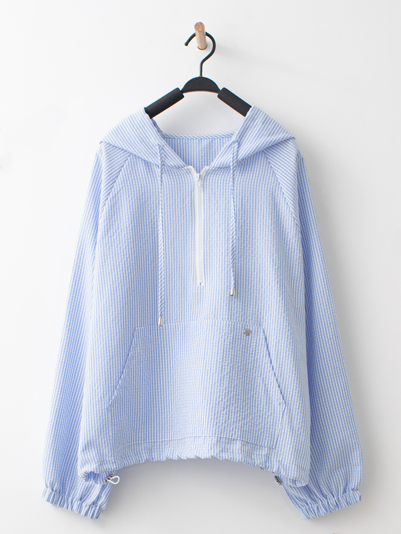 日系清新直條紋半開襟連帽拉鍊口袋上衣