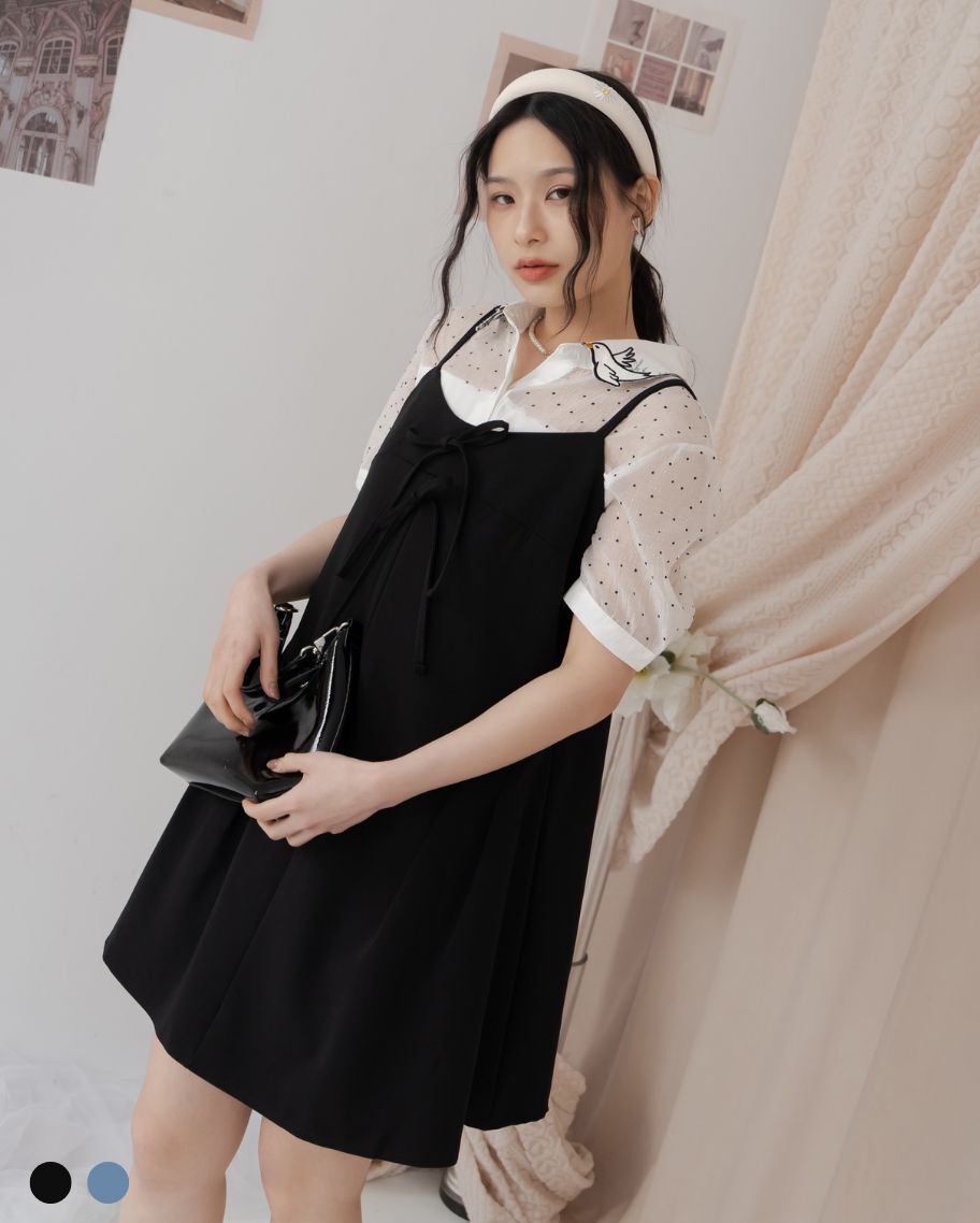 甜美前綁帶傘裙短洋