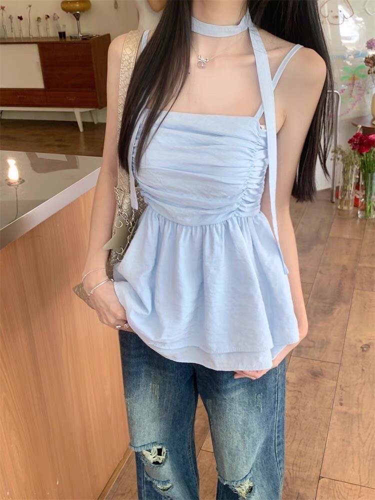 繞脖+細肩胸抓皺鬆緊背心