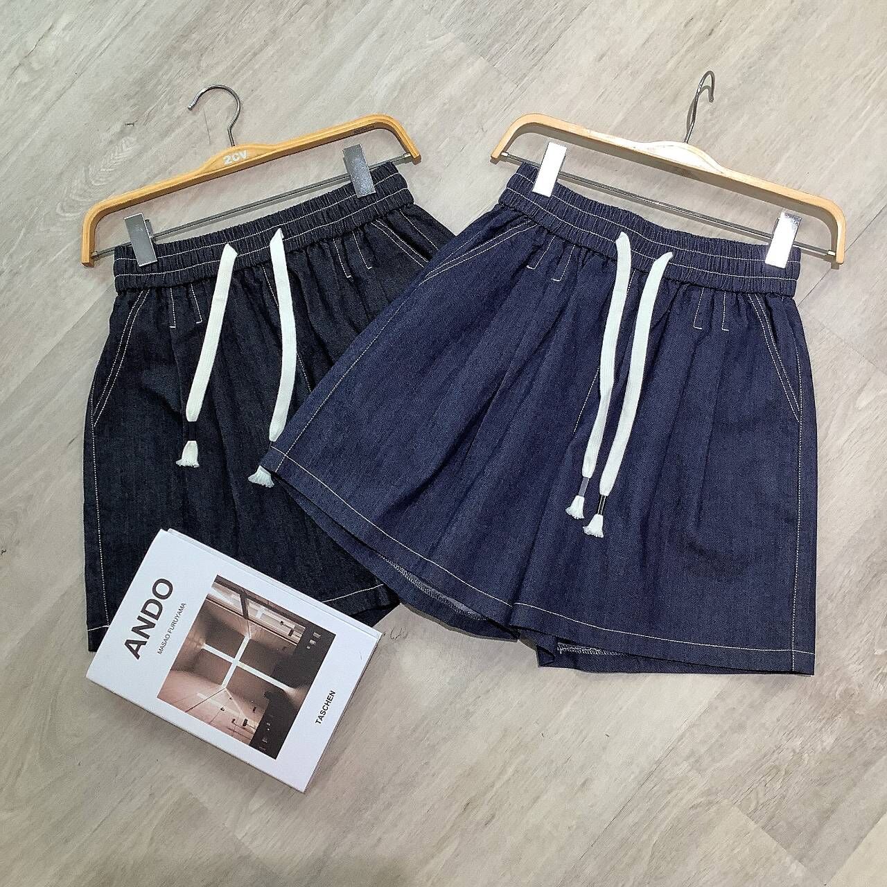 A7072-綁帶壓褶牛仔短褲