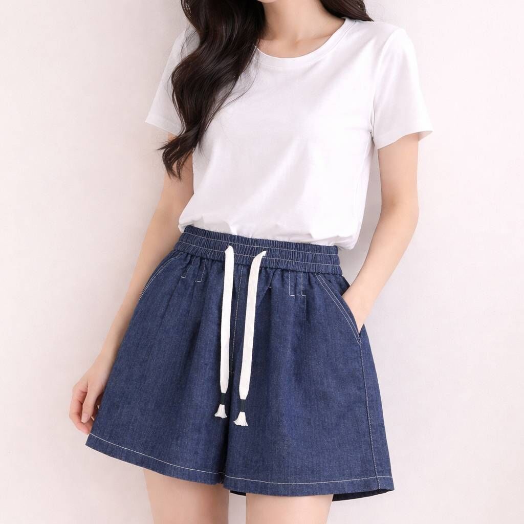 A7072-綁帶壓褶牛仔短褲