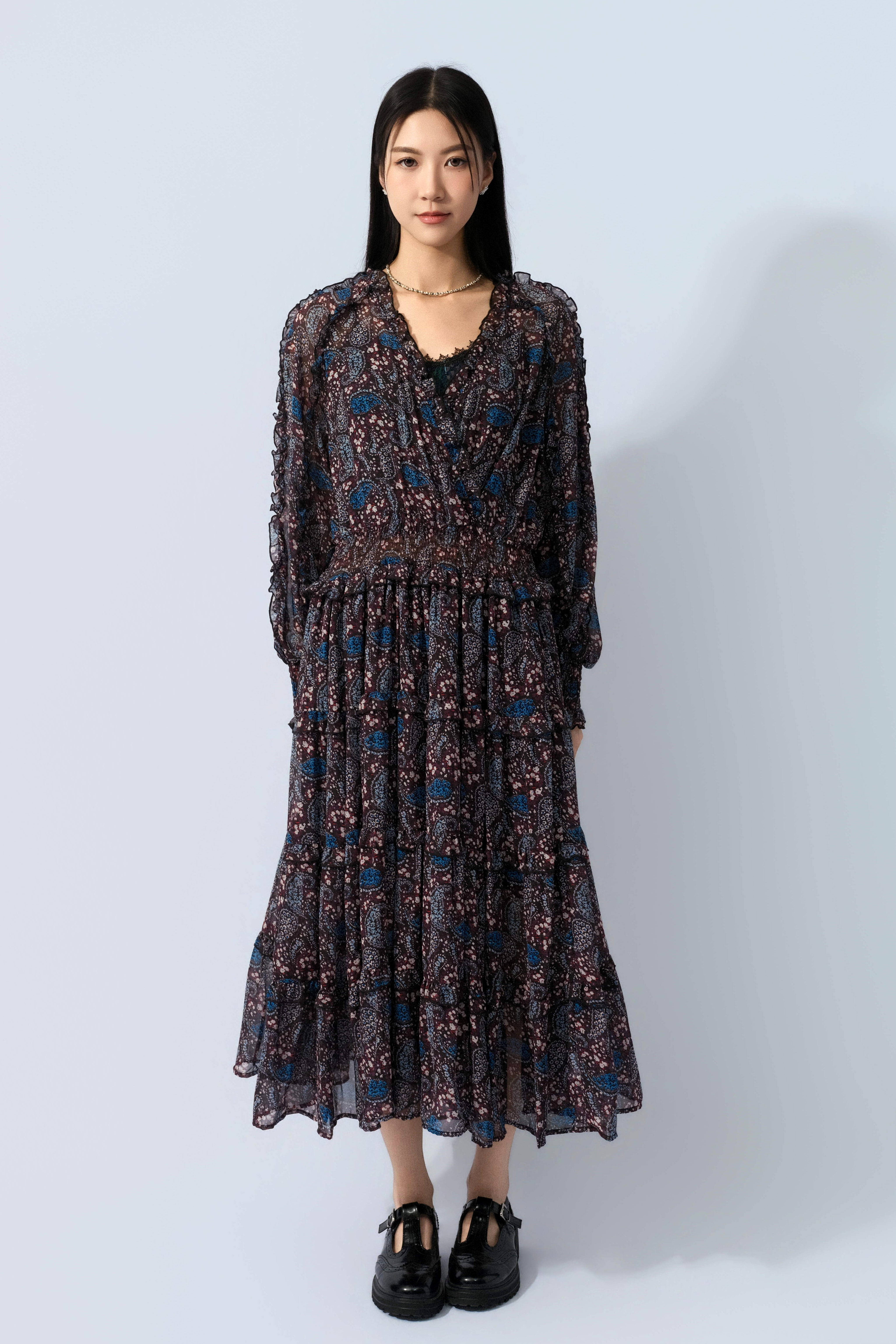 腰果碎花雪紡復古連身裙 （預購產品）