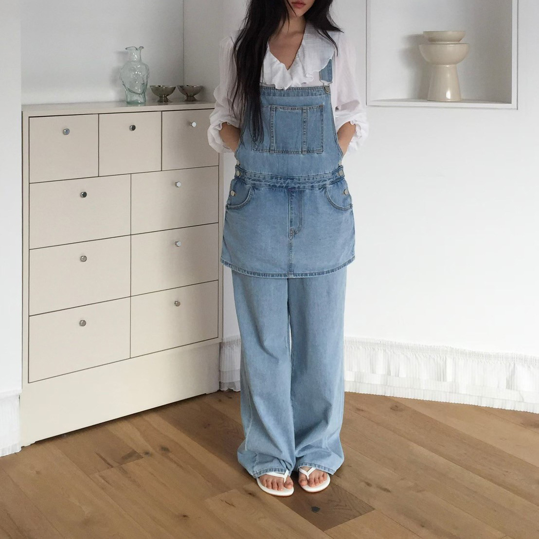 小裙擺大口袋造型牛仔吊帶褲長褲 / 2色