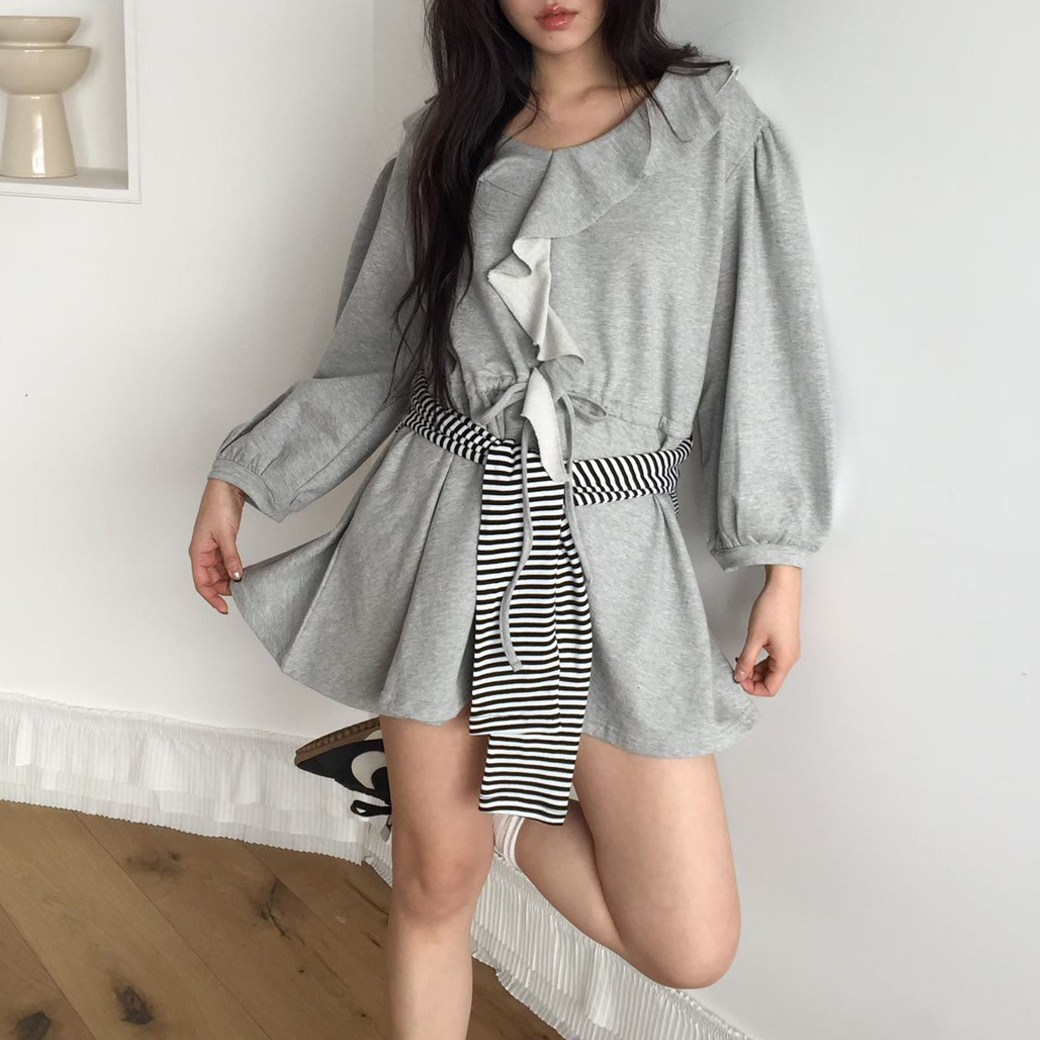 甜美感荷葉滾邊抽繩收腰造型短洋裝 / 2色