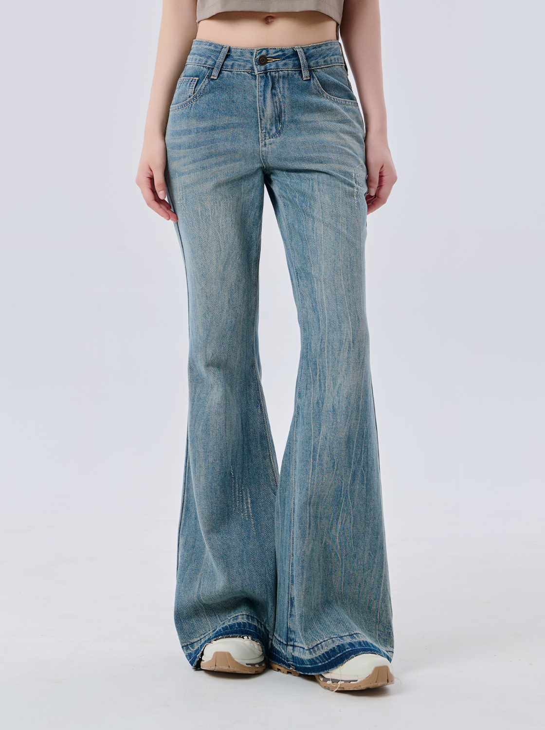 【2件1499】樹枝紋喇叭牛仔長褲