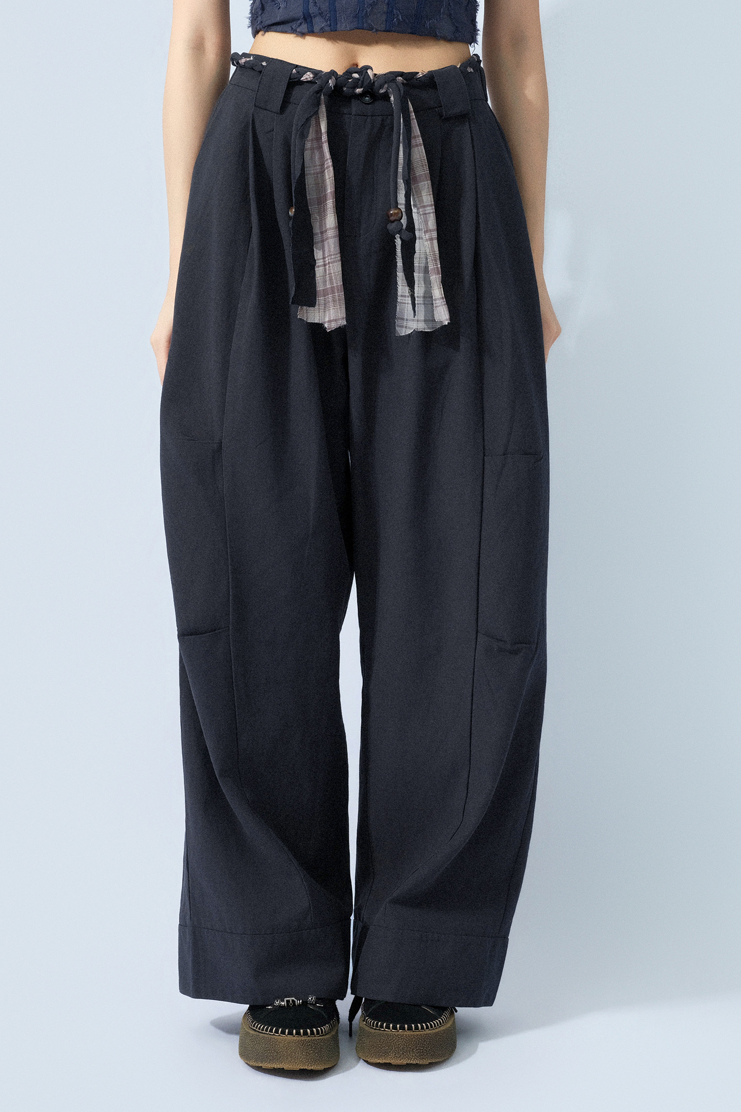 拼布辮子腰帶闊褲 (預購產品）