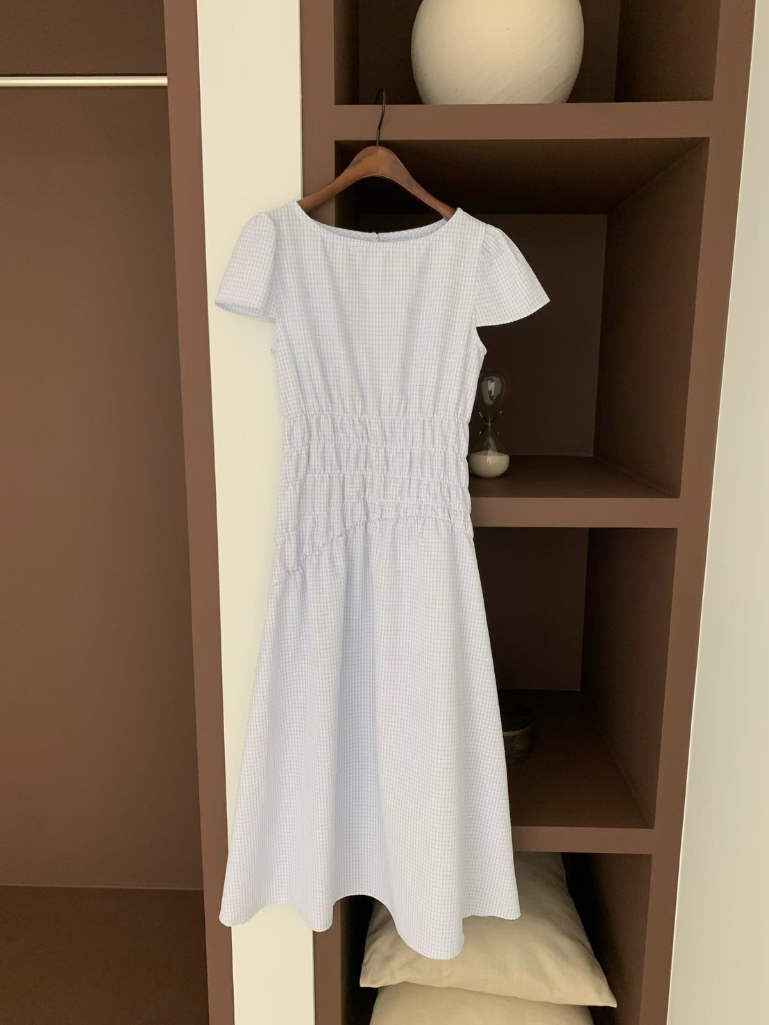 配色細線格紋鬆緊腰圓領短袖長洋裝 / 2色