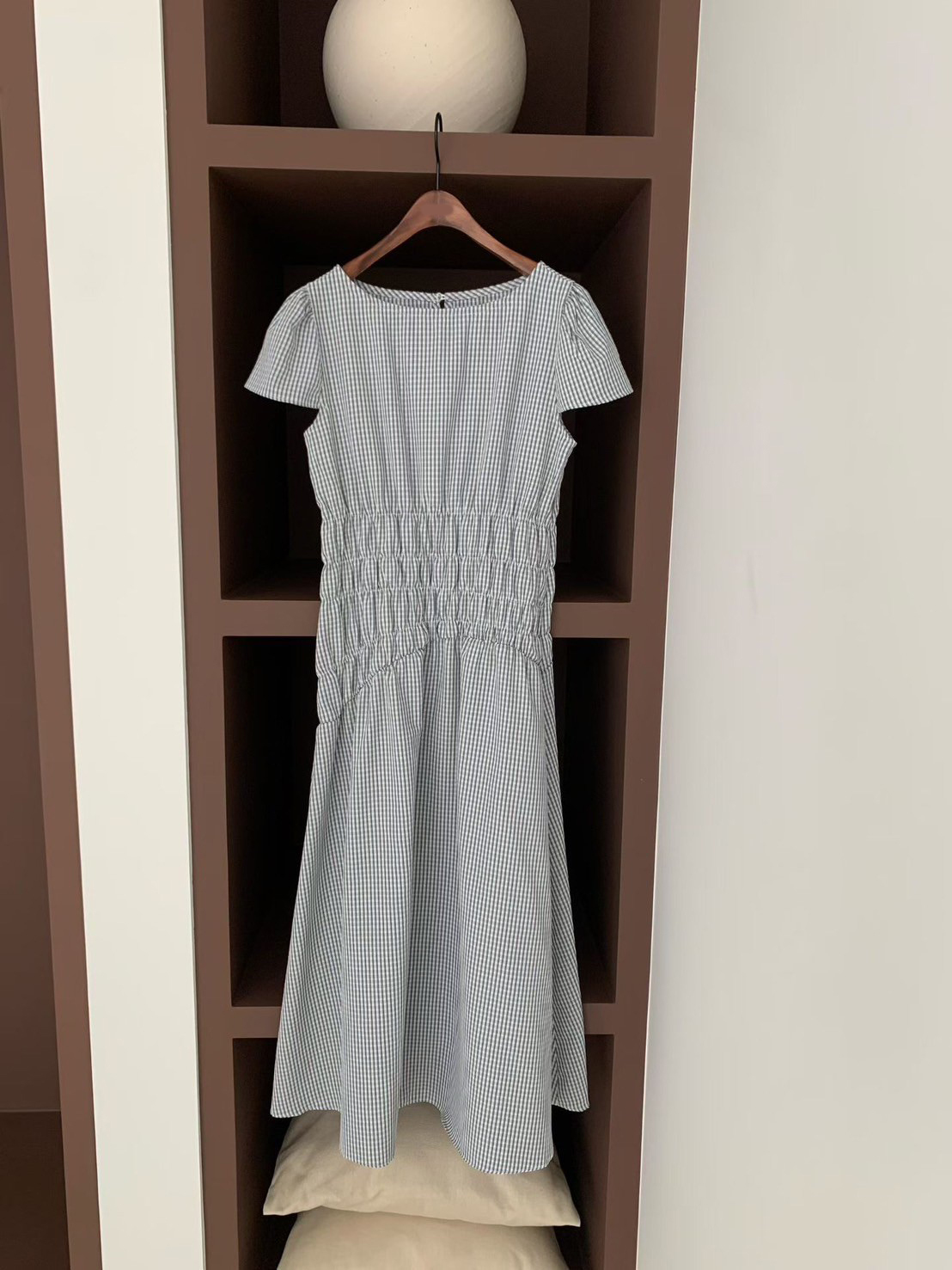 配色細線格紋鬆緊腰圓領短袖長洋裝 / 2色