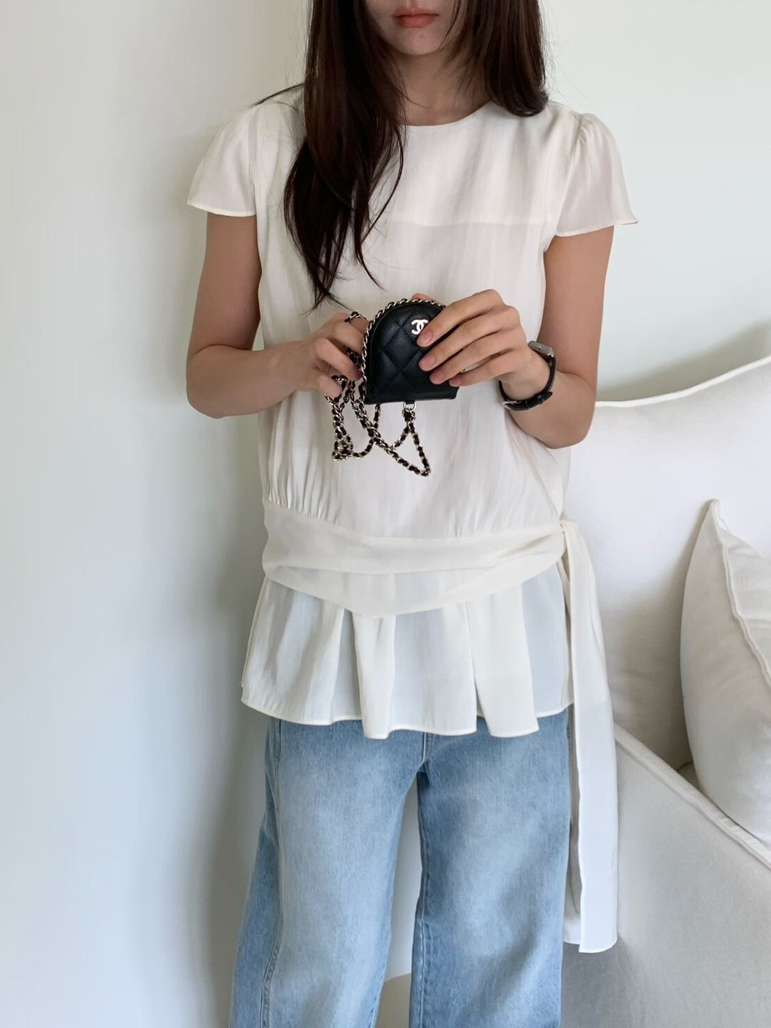 可愛小裙擺側綁帶造型圓領長版上衣 / 2色