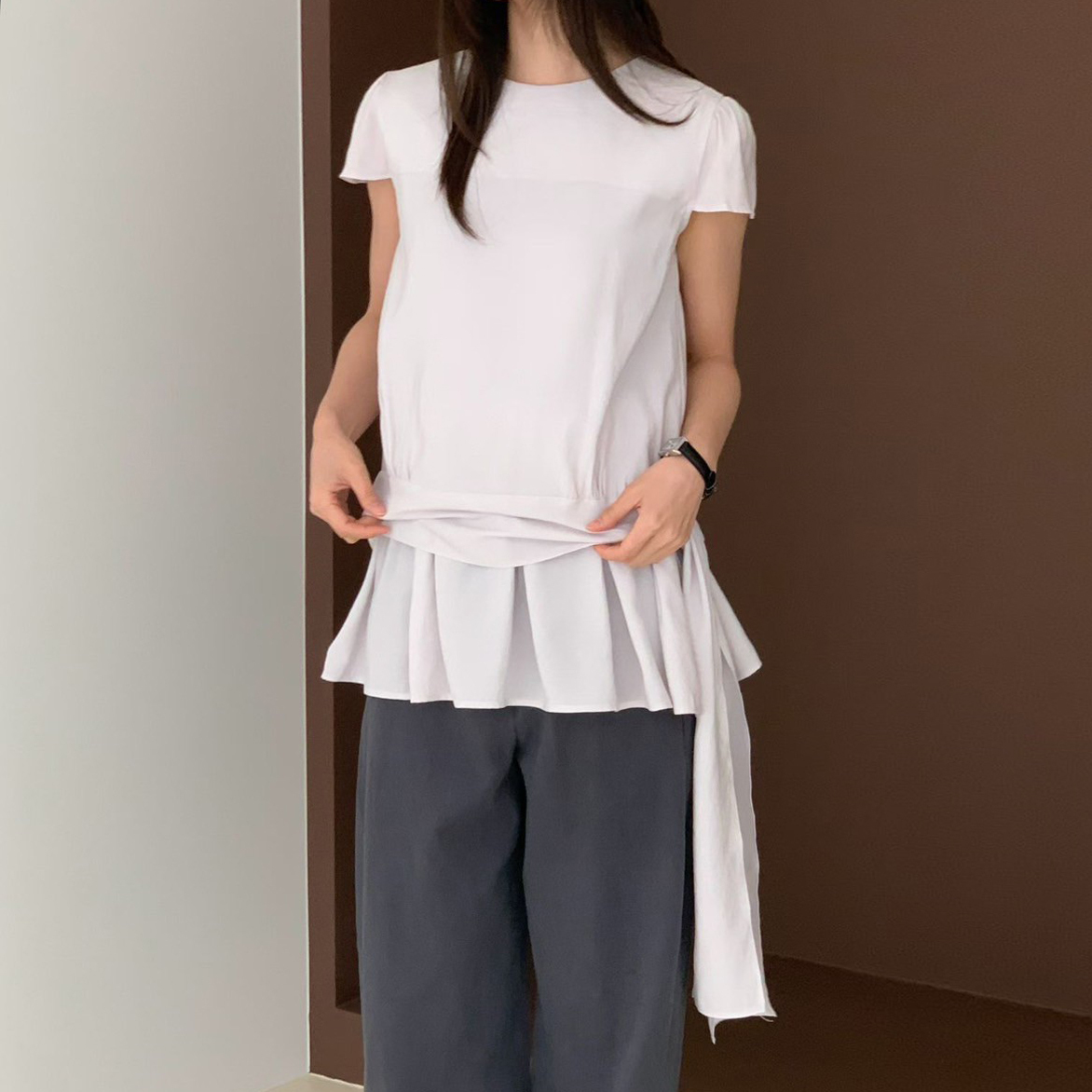 可愛小裙擺側綁帶造型圓領長版上衣 / 2色