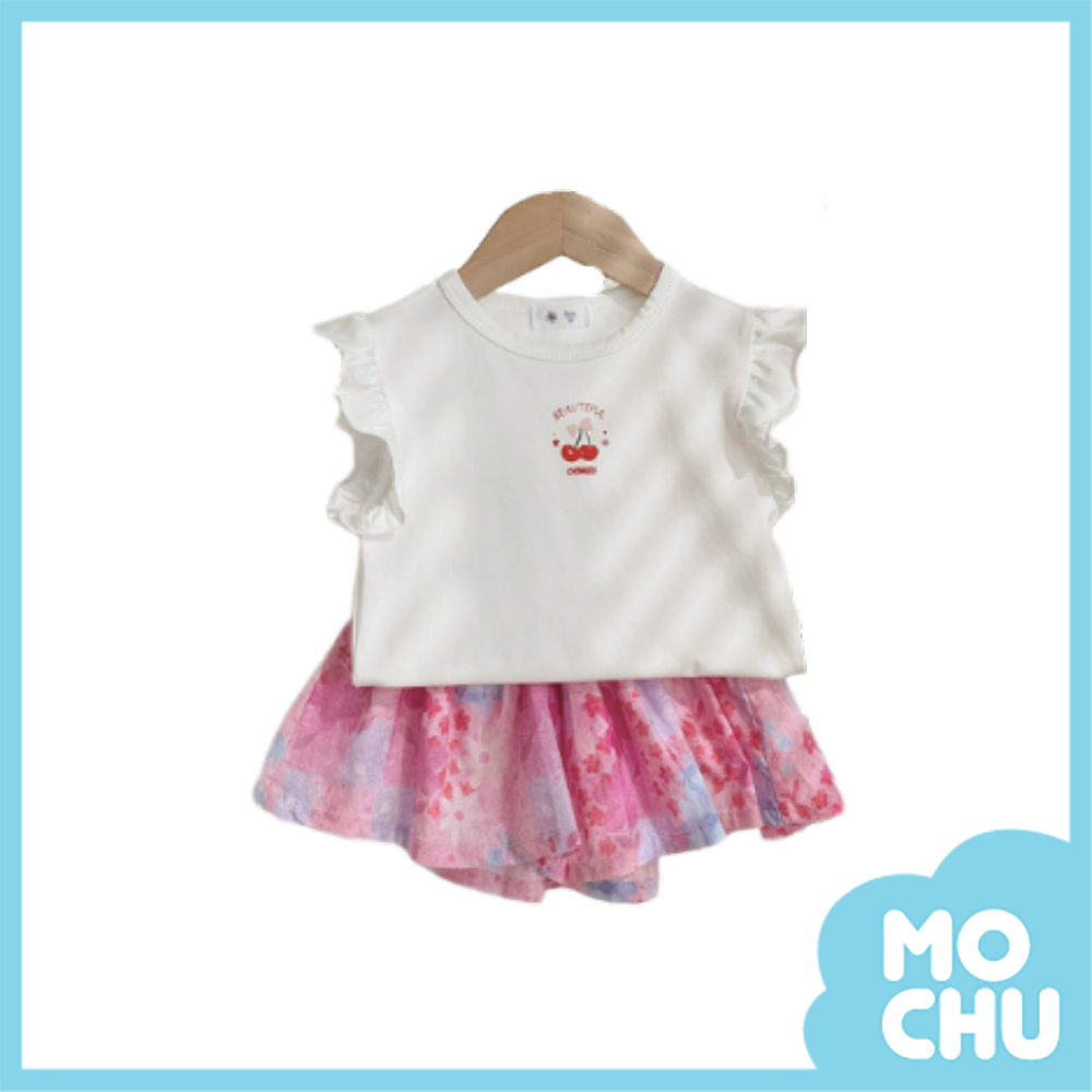 小粉結櫻桃+碎花褲裙套裝