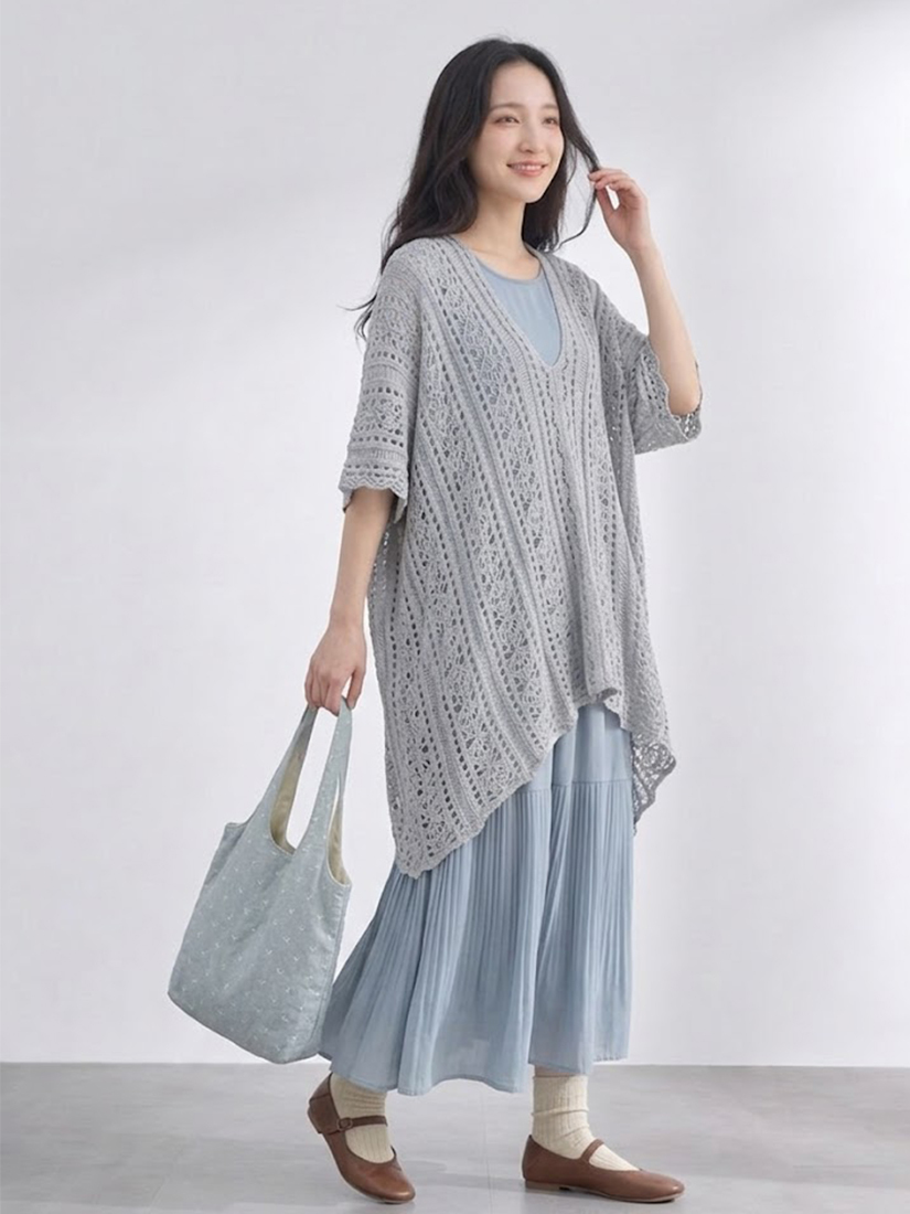 簍空針織罩衫圓領剪接壓褶短袖長洋裝組合