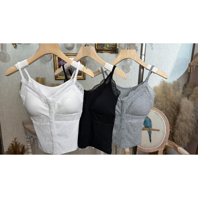 HKCG0403-018 TOP蕾絲拼接排扣吊帶背心 (A18白/B18黑/C18灰)