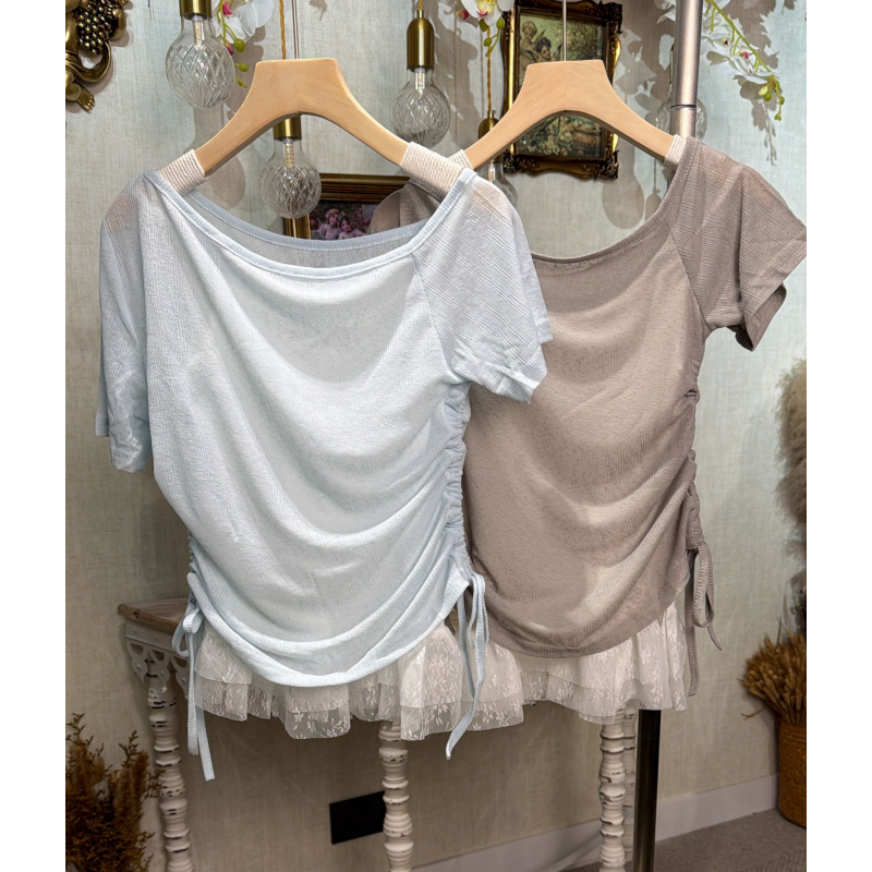 HKCG0403-003 SET大圓領短袖拼接蕾絲 (A3淺灰/B3淺藍)