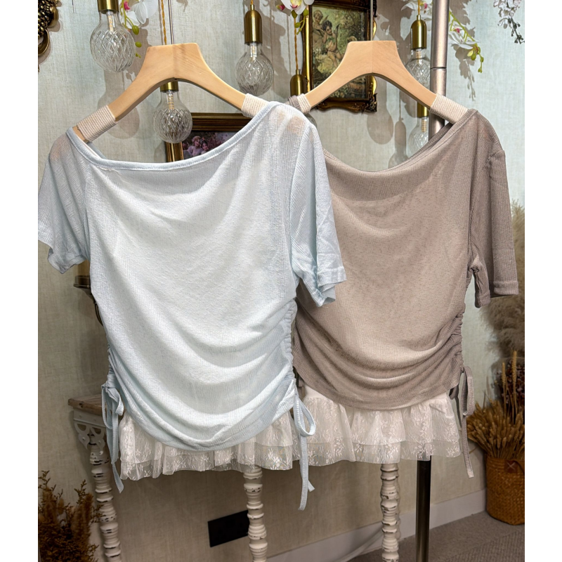 HKCG0403-003 SET大圓領短袖拼接蕾絲 (A3淺灰/B3淺藍)