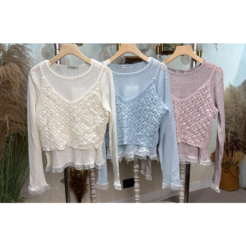 HKCG0403-002 SET蕾絲鈎花長袖上衣 (A2白/B2藍/C2紫)