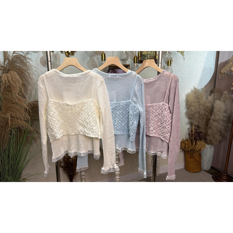 HKCG0403-002 SET蕾絲鈎花長袖上衣 (A2白/B2藍/C2紫)