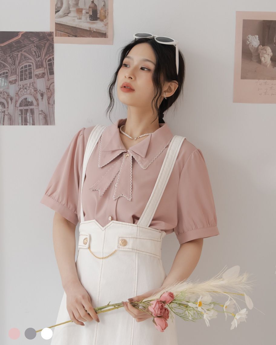 質感小花邊雙領可拆式領結襯衫