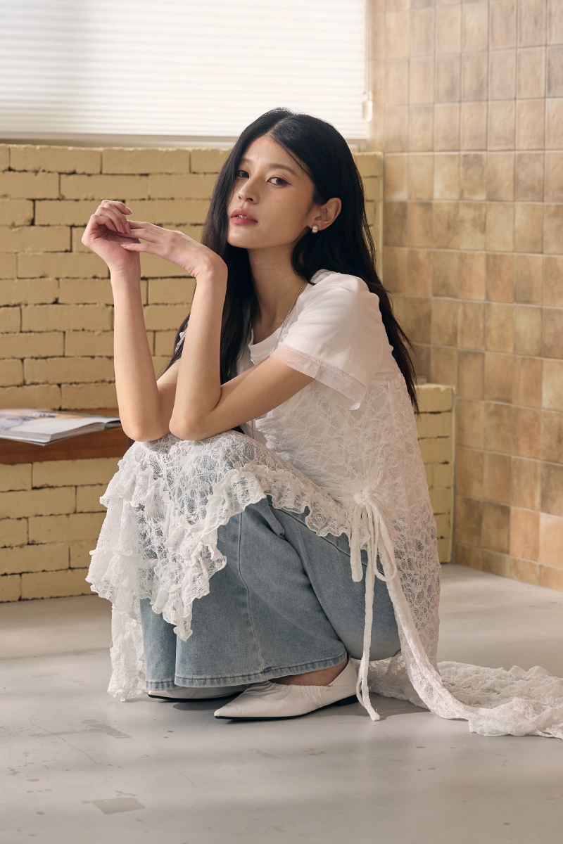 抽繩側綁帶花卉蕾絲透膚長罩衫