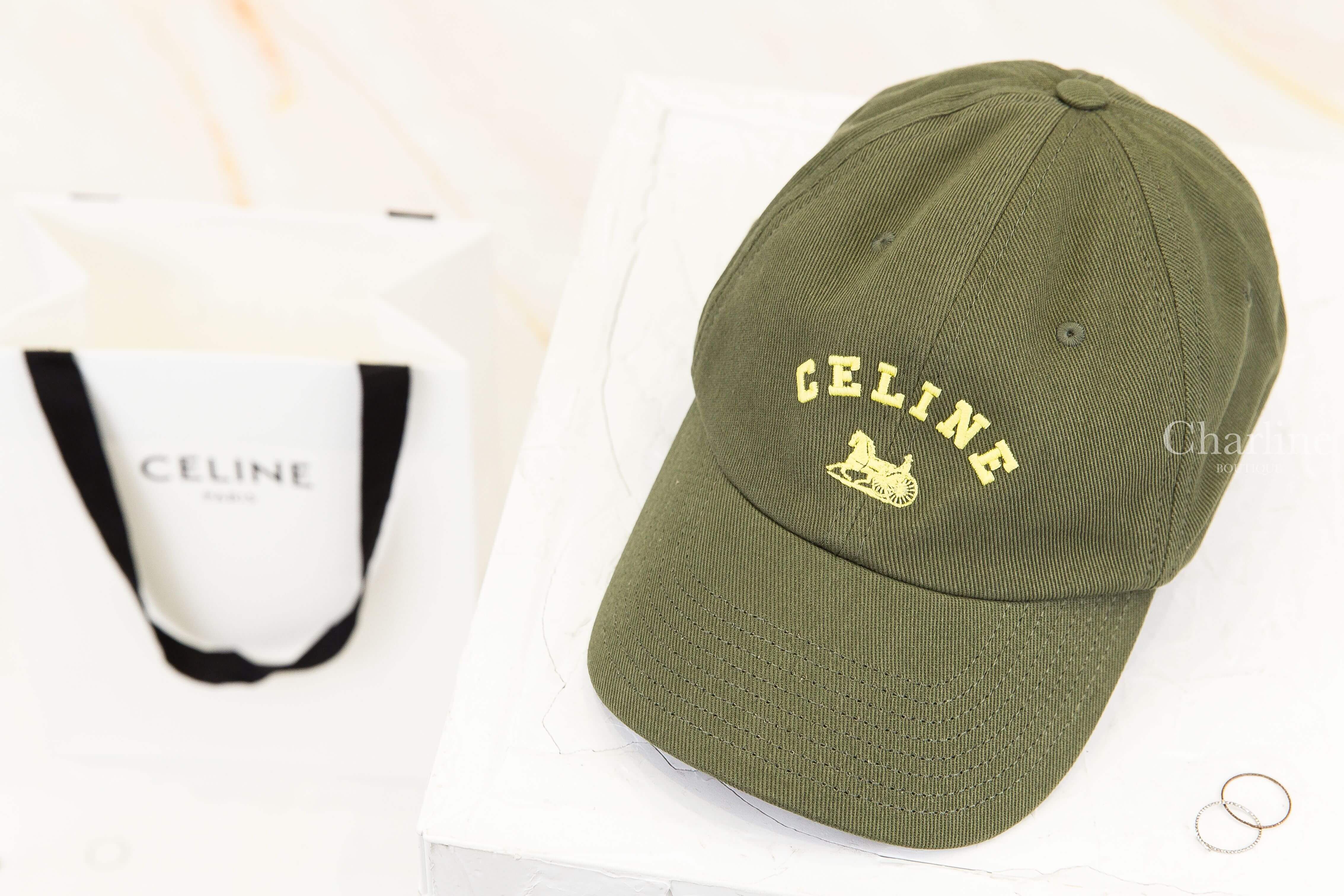 Celine Celine Richelieu Cap In Cotton Twill 卡其綠刺繡黃色字母馬車棉質棒球帽-Charline Boutique 精品代購
