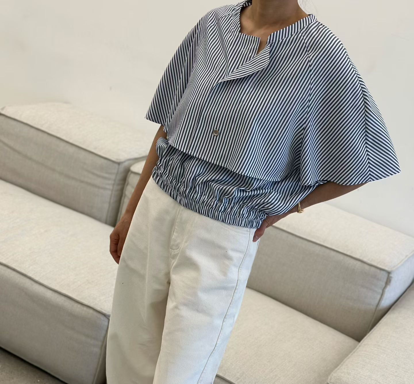 LA6001 假兩件小披肩橡筋腰條紋上衣