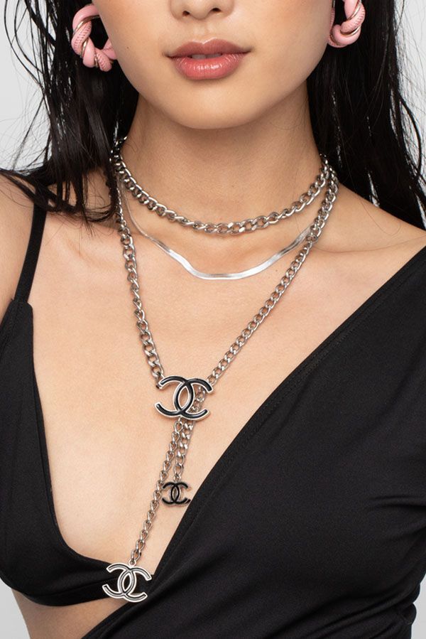 95%NEW二手CHANEL頸鏈,香奈兒腰鏈, 兩用款, 黑色琺瑯CC LOGO銀色, #香榭站正品