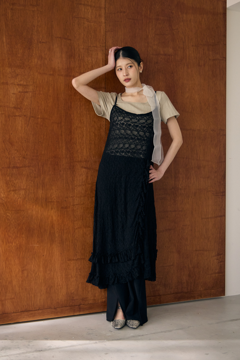 抽繩側綁帶花卉蕾絲透膚長罩衫