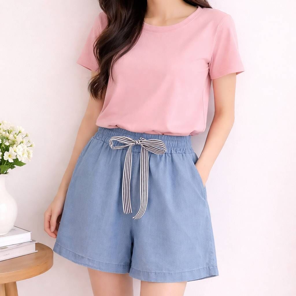 A7065-條紋綁帶牛仔短褲